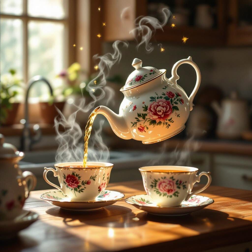 Whimsical Teapot Pours Tea Magically in Cozy Kitchen