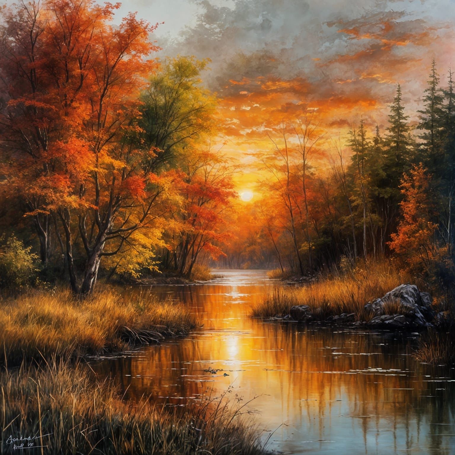 Autumn Sunset Lake: Detailed Oil Painting