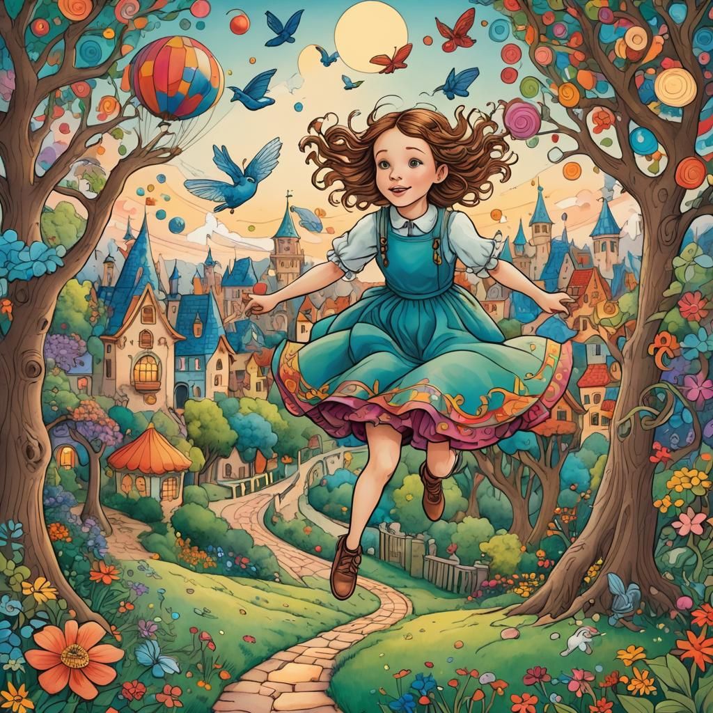 Enchanting Fairytale Landscape with Girl in Floral Dress