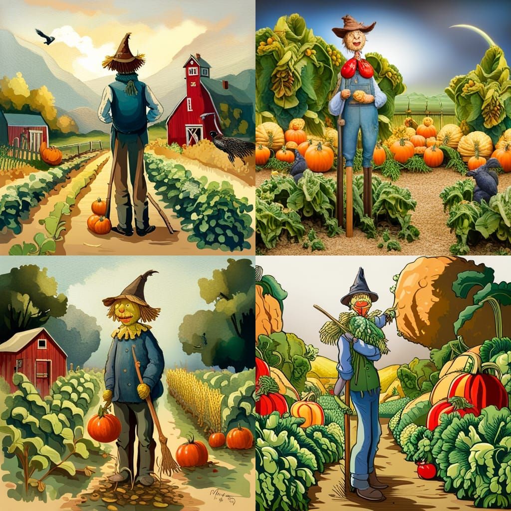 Vintage Scarecrow in a Lush Vegetable Garden