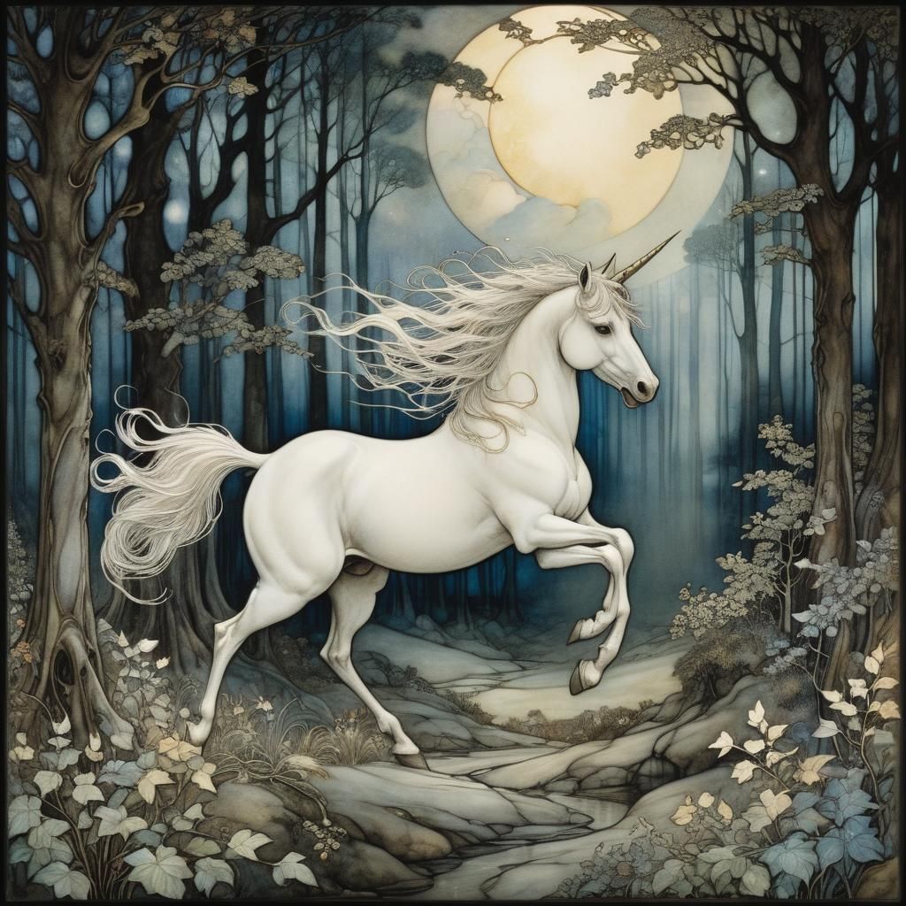 Art by Arthur Rackham and John Bauer, majestic unicorn gallo...