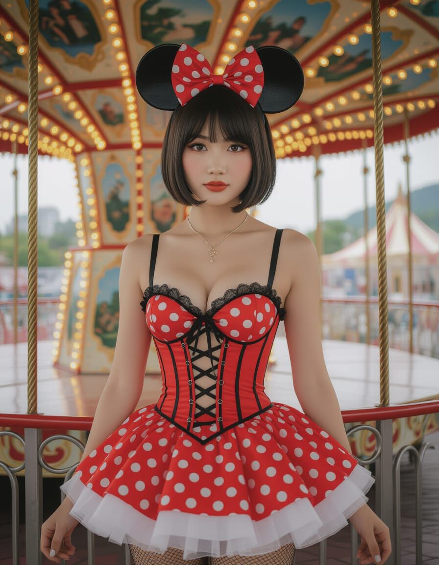 Indonesian Woman in Polka Dots at Amusement Park