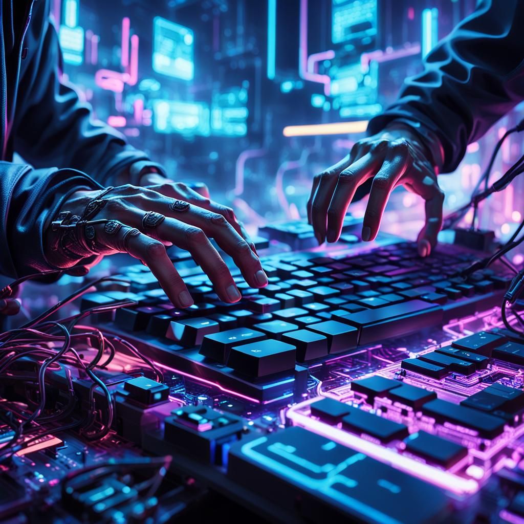 Cyberpunk Hacker Close-Up in Dark Neon Style