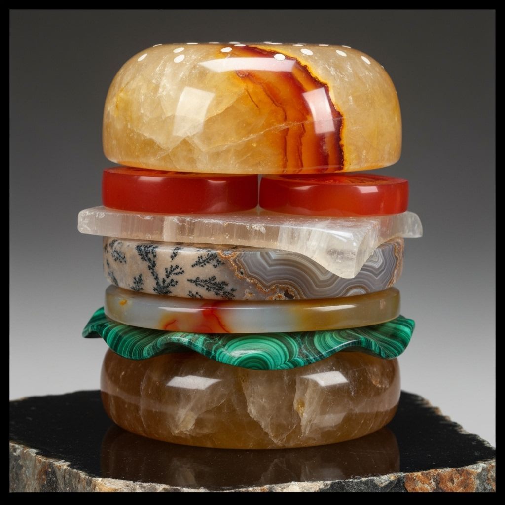 Crystal Burger Sculpture: Macro Still Life in Mineral Art