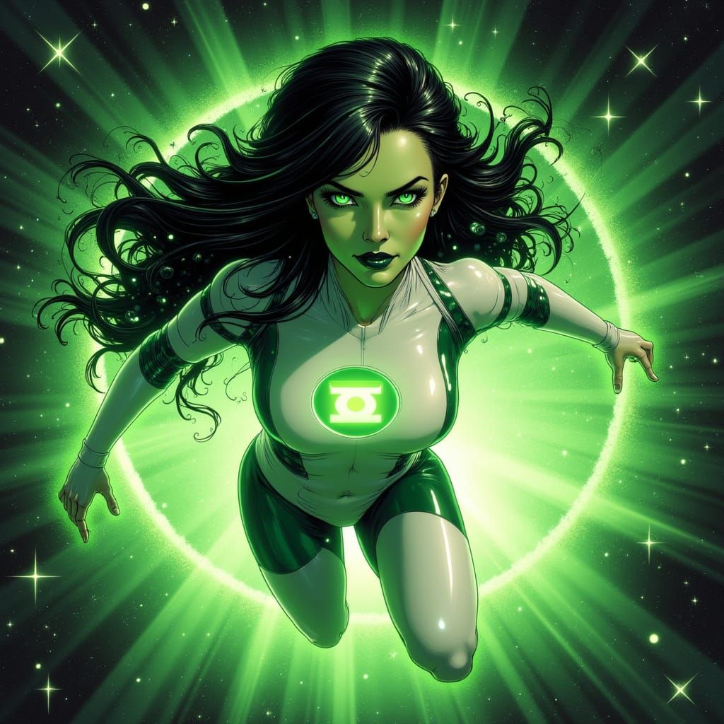 Sultry Green Lantern Goddess Soars Through Space in Cyberpun...