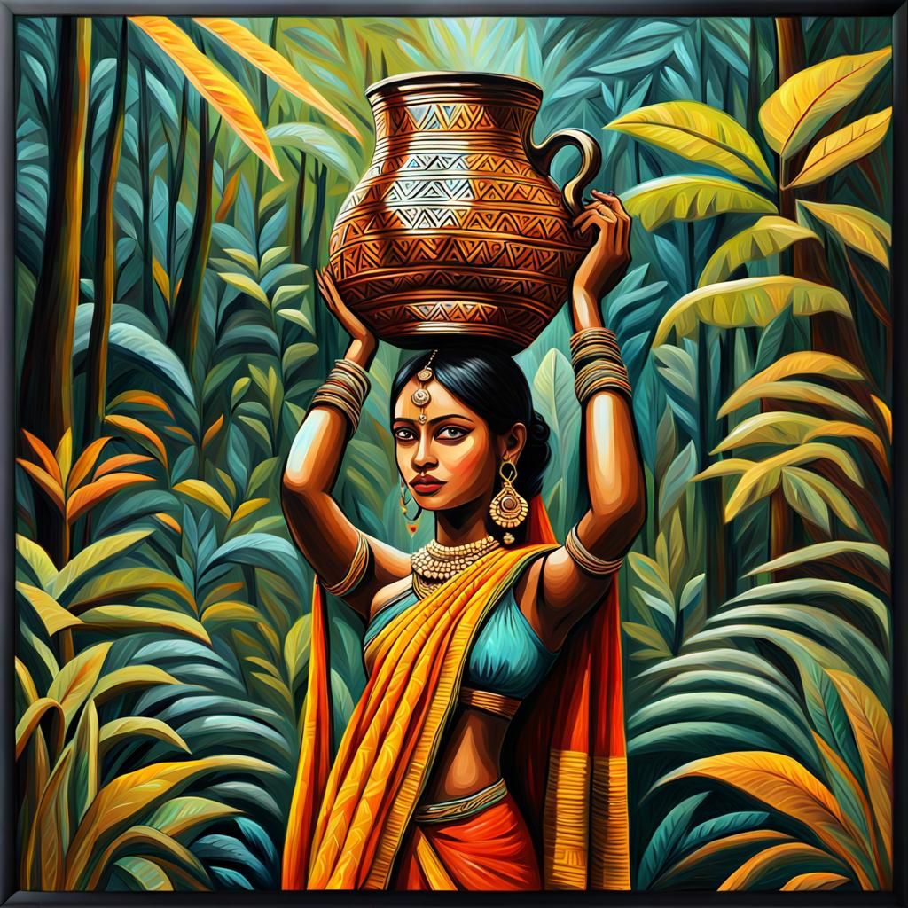 Girl in Sari: Glossy Oil Painting in Folk Art Style