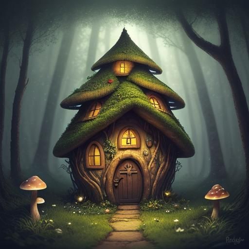 Enchanted Fairy Mushroom House in Bioluminescent Forest
