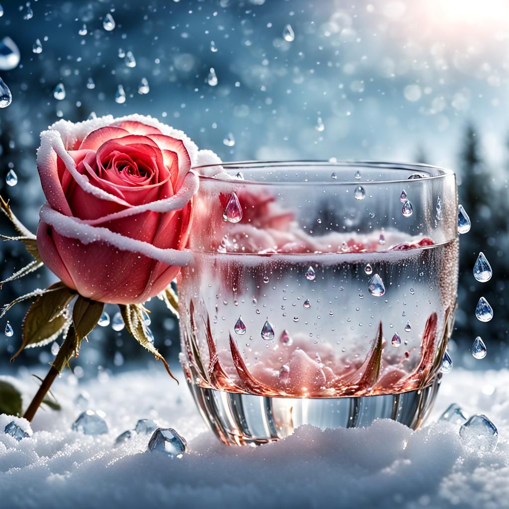 Icy Crystal Rose with Raindrops: Hyperrealistic Photo