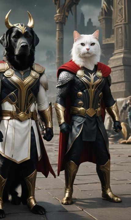 Labrador as Loki and Cat as Thor in Marvel Outfits