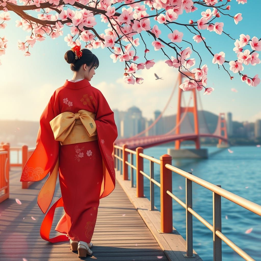 Japanese Woman Strolls Along Tokyo's Rainbow Bridge in Autum...