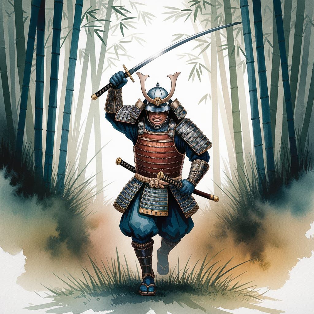 Samurai Charging Through Misty Bamboo Forest in Watercolour
