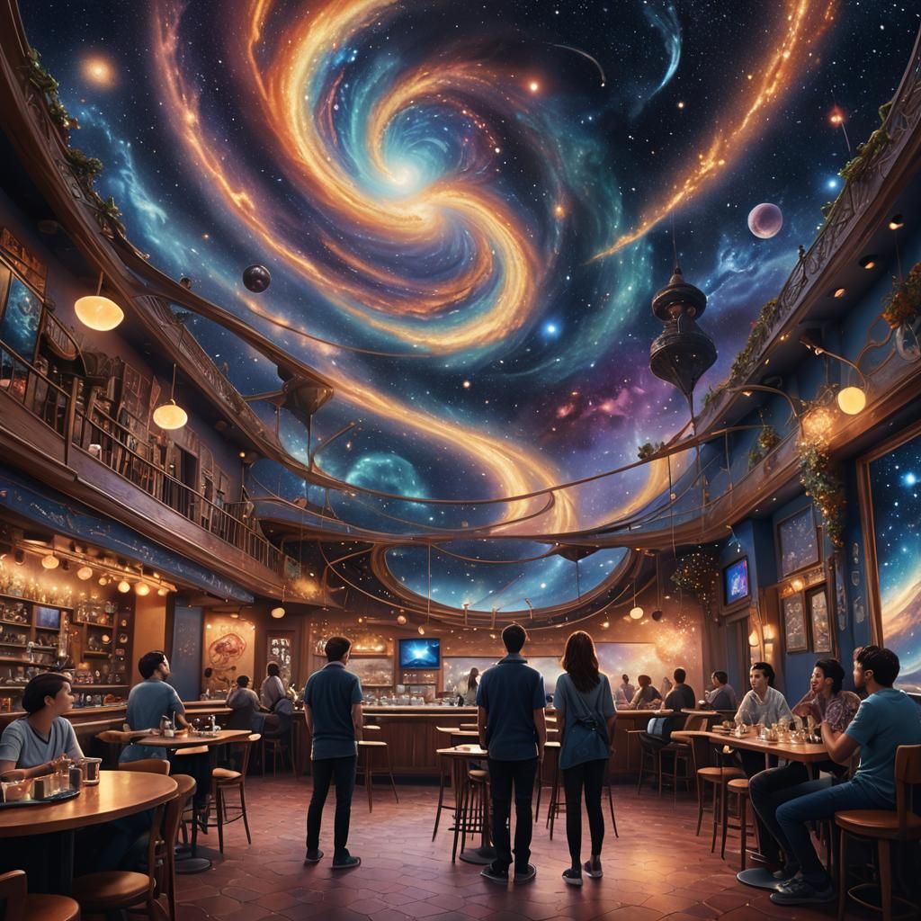 Cosmic Cafe with Galaxy Tapestry, Sci-Fi Illustration