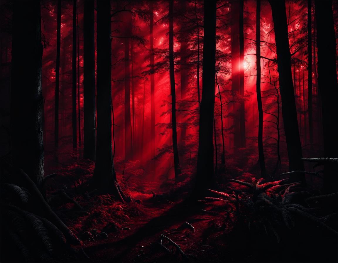 Dramatic Dark Forest with Red Sky: Chiaroscuro Oil Painting