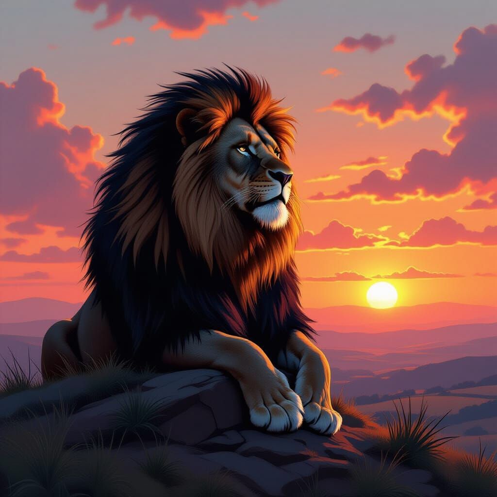 Regal Black Lion Overlooks Valley at Sunset