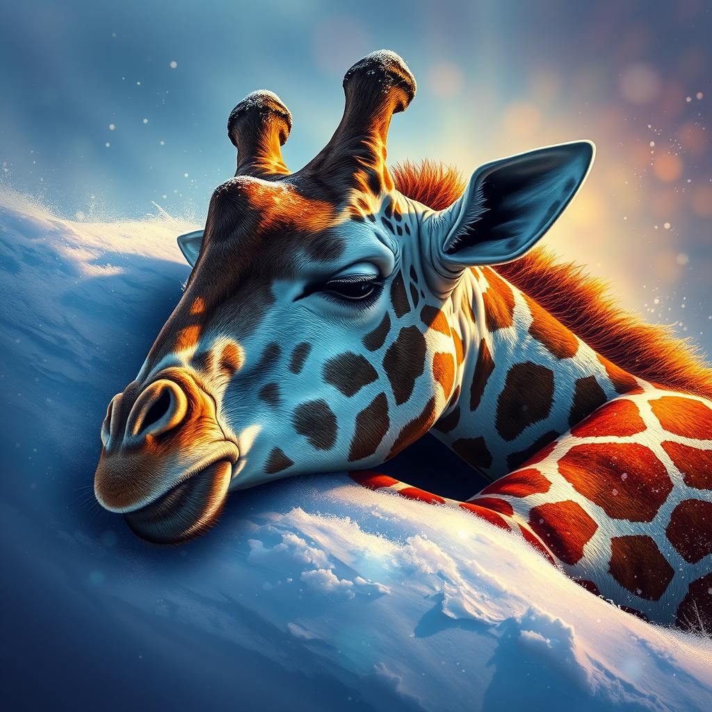 Giraffe Sleeping in Snowy Landscape: Hyperrealistic Splash A...