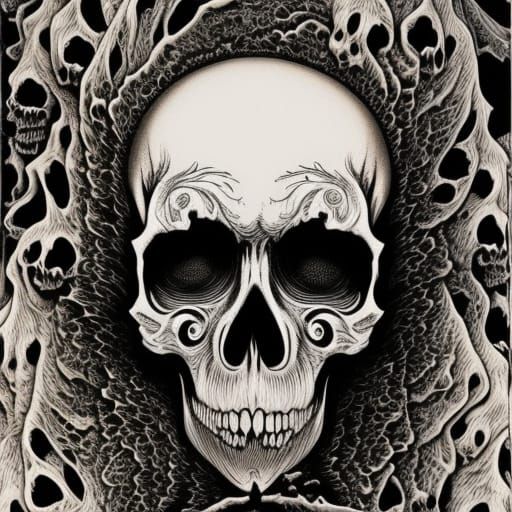 Intricate Skull with Marbled Paper Texture, Gouache Illustra...