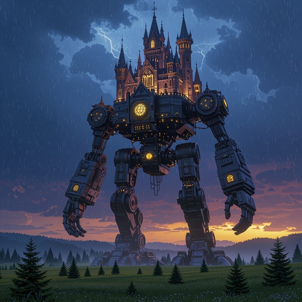 Gothic Castle on Steampunk Mech Legs, Dark Fantasy Art