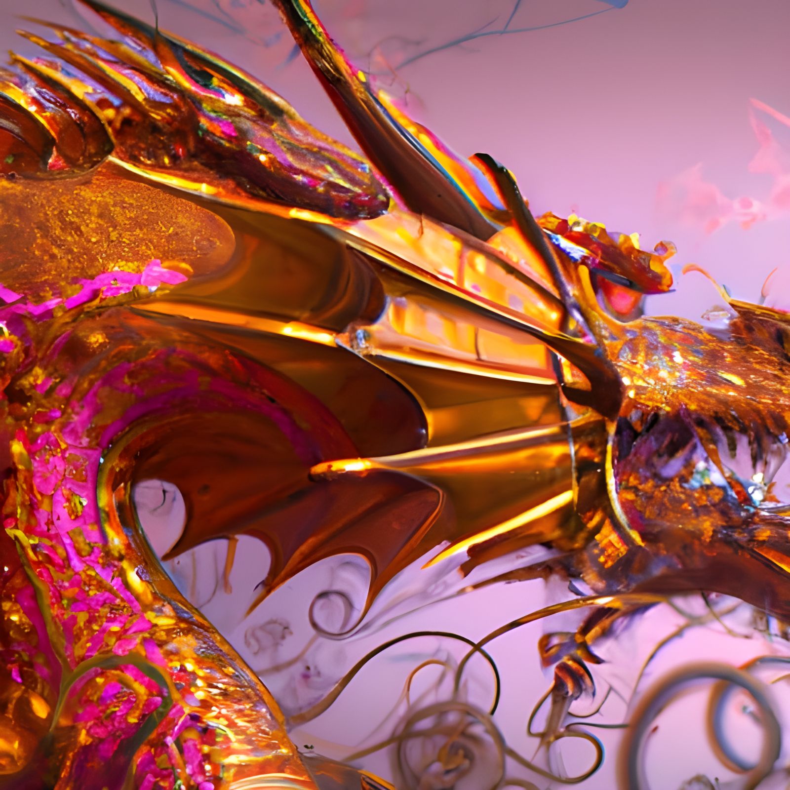 Gold Filigree Pink Dragon in Hyperdetailed Concept Art