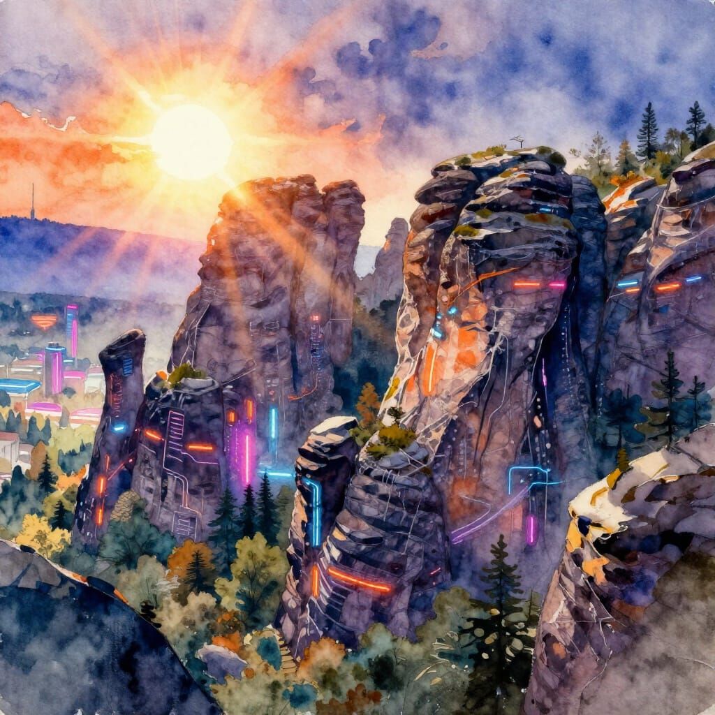 Saxon Switzerland Cyberpunk Watercolor with Sun Flare