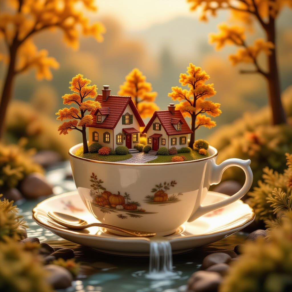 Cozy Autumn Village Inside Teacup with Golden Trees