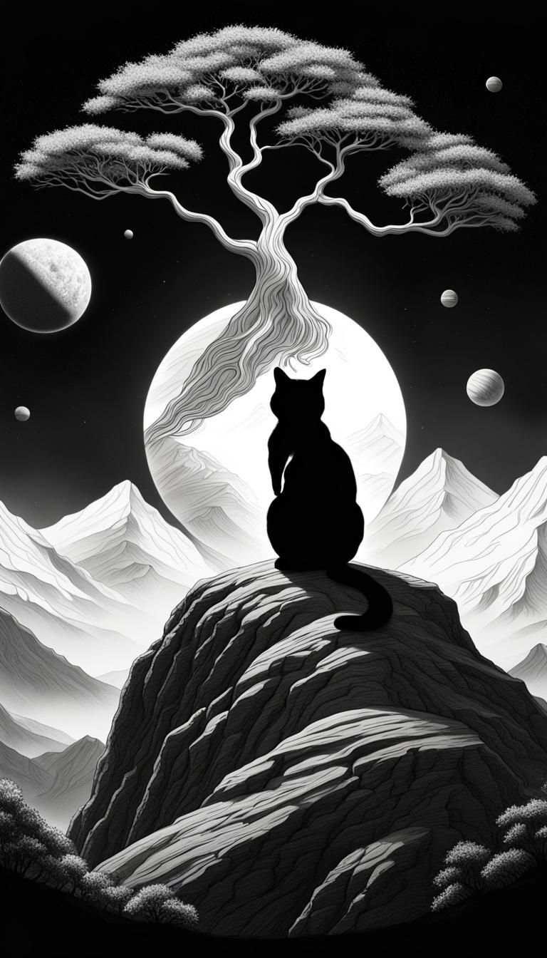 Zen Cat Meditating on Mountain: Minimalist Logo
