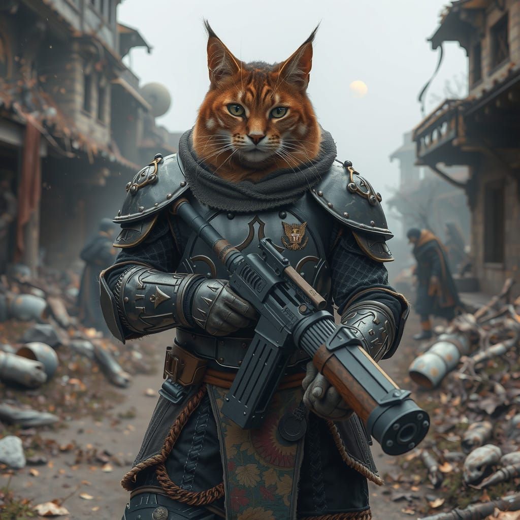 Fantastical Feline Knights in Moonlit Medieval Landscape