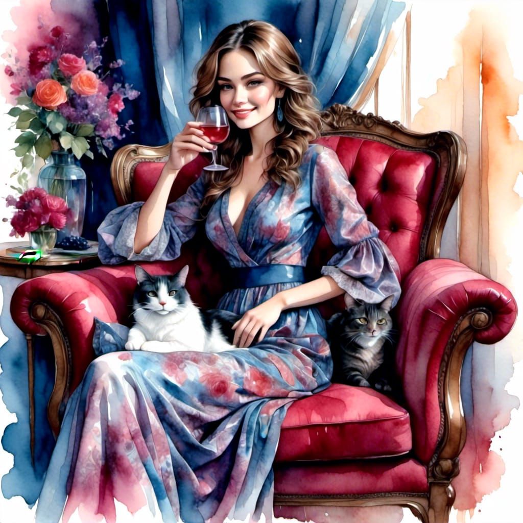 Woman Relaxing with Cat: Watercolor Style