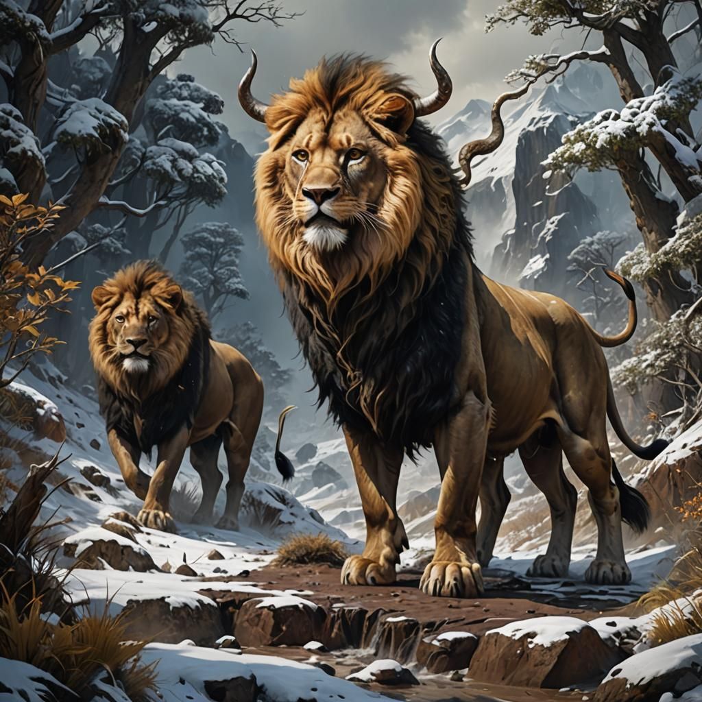 Lion-Bull Hybrid Creature in Mountain Landscape