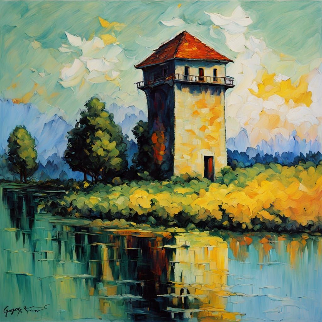 Small Tower in Vibrant Dreamlike Landscape
