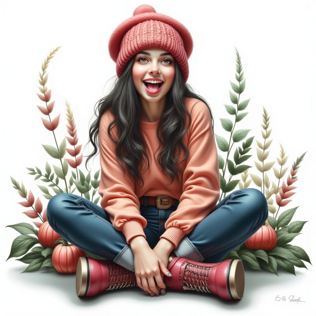 Girl in Autumn Attire Smiles with Tongue Out in Vibrant Oil ...