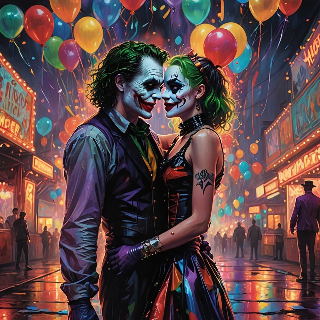 Harley Quinn and Joker Embrace in Twisted Circus