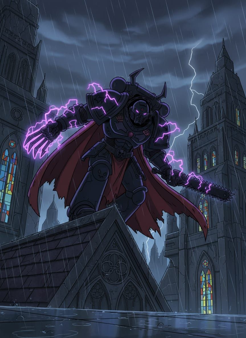 Night Lords Marine Perches on Rainy Arcology Rooftop