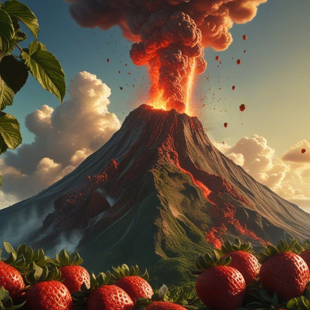 Strawberry Volcano Eruption in Surrealist Style
