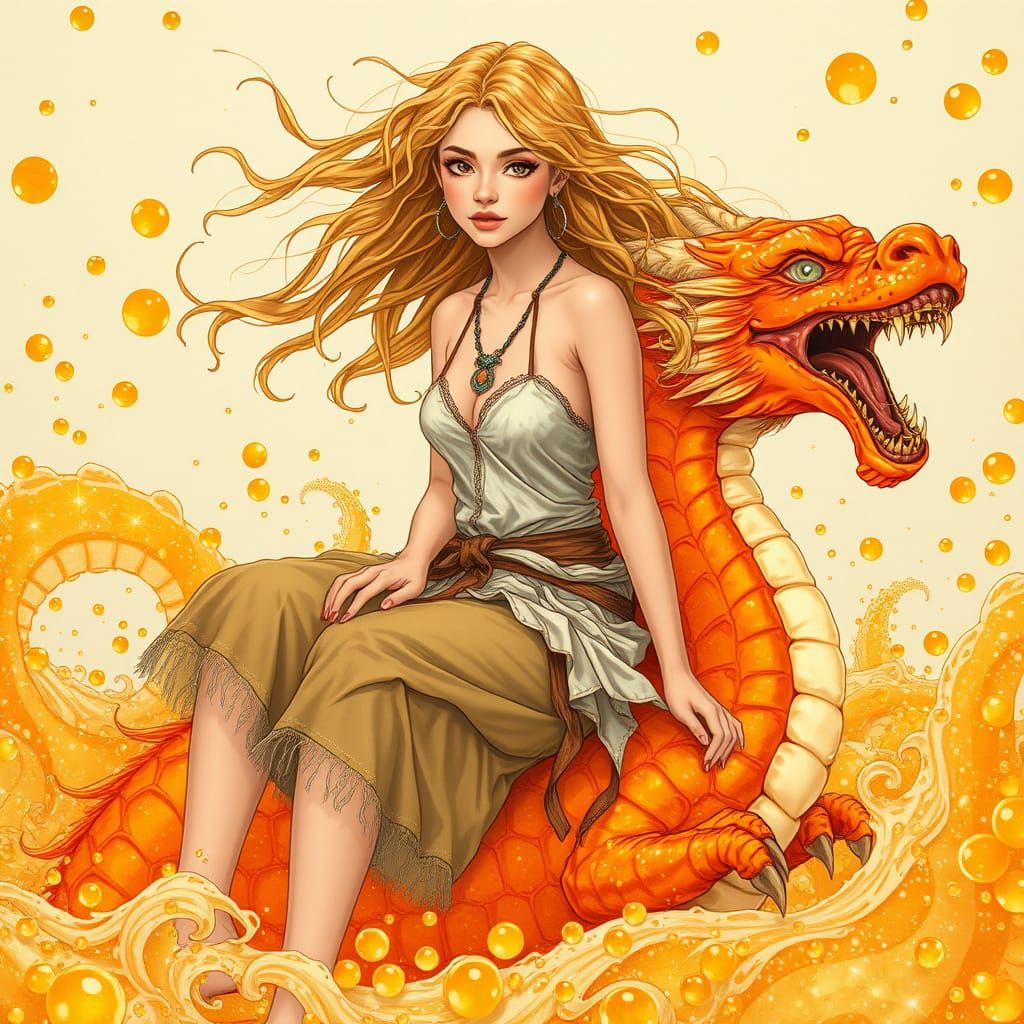 Woman on Gummy Dragon in Effervescent Soda