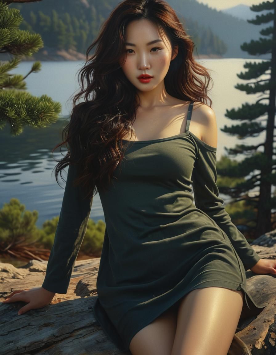 Korean Woman Lounging by Lake: Oil Painting
