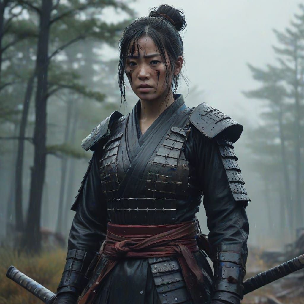 Furious Samurai Woman on Battlefield in Rain