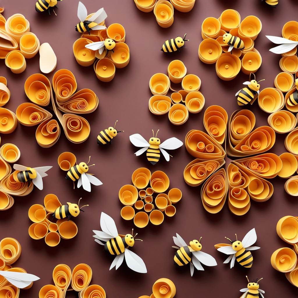 Bees Gathering Pollen with Quilling Technique