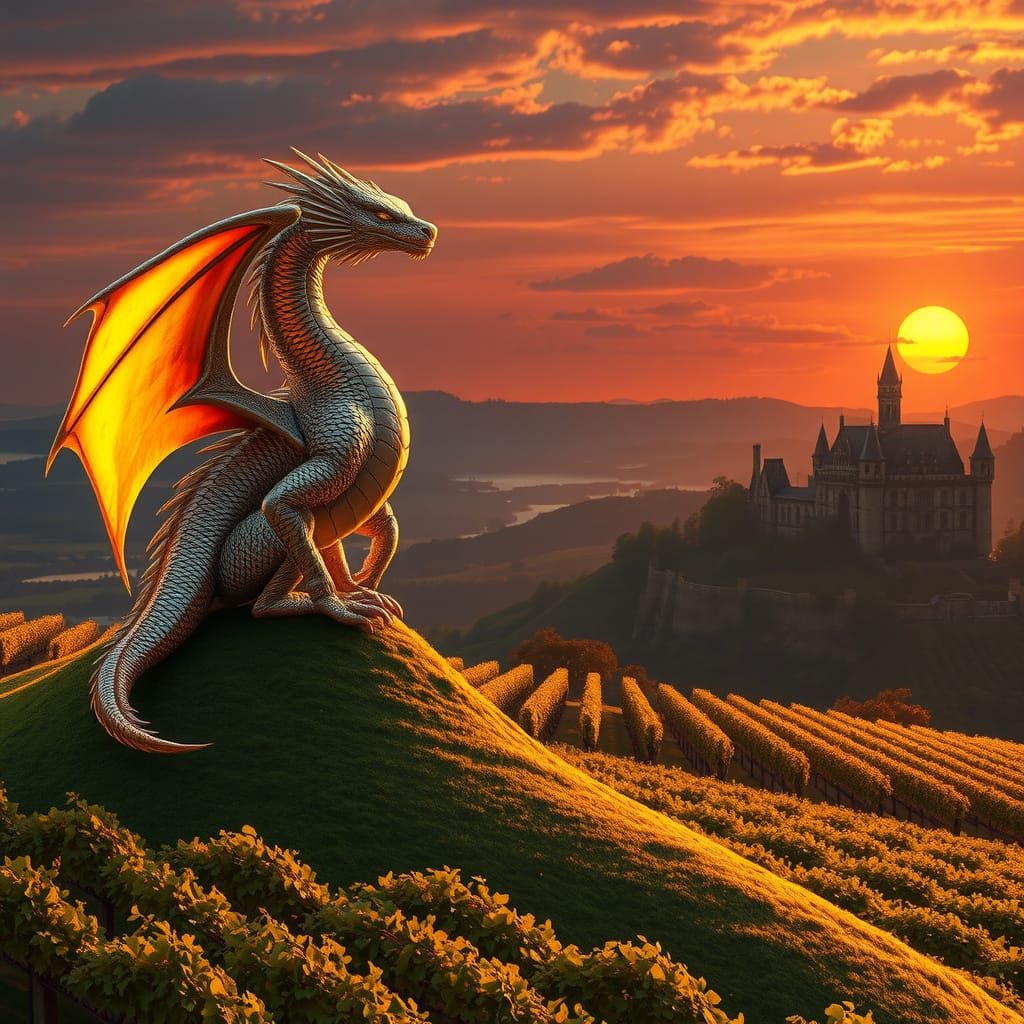 Majestic Silvery Dragon Amidst Golden Vineyards and Grand Ca...