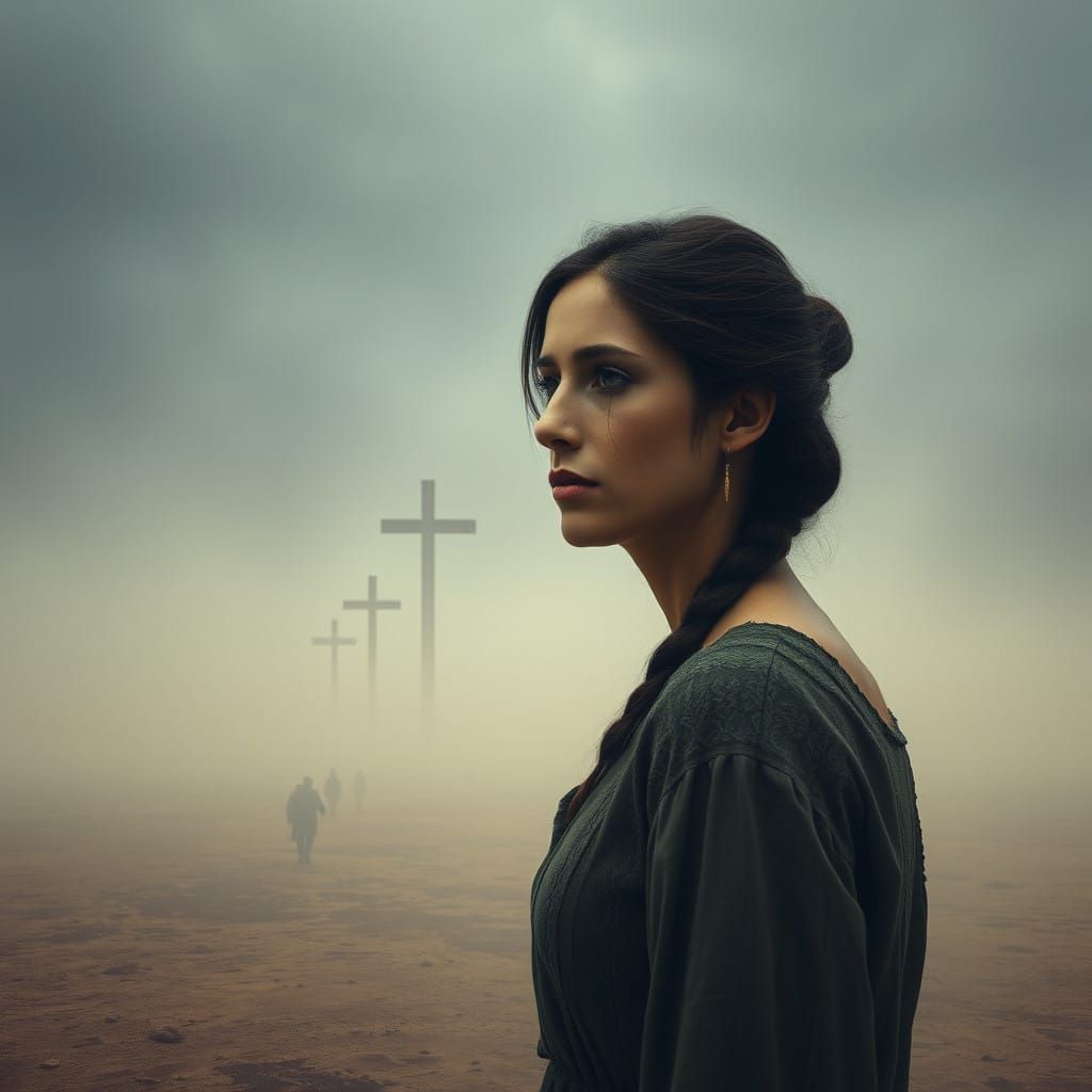 Sorrowful Woman Under Ephemeral Mist Beside Ancient Cross