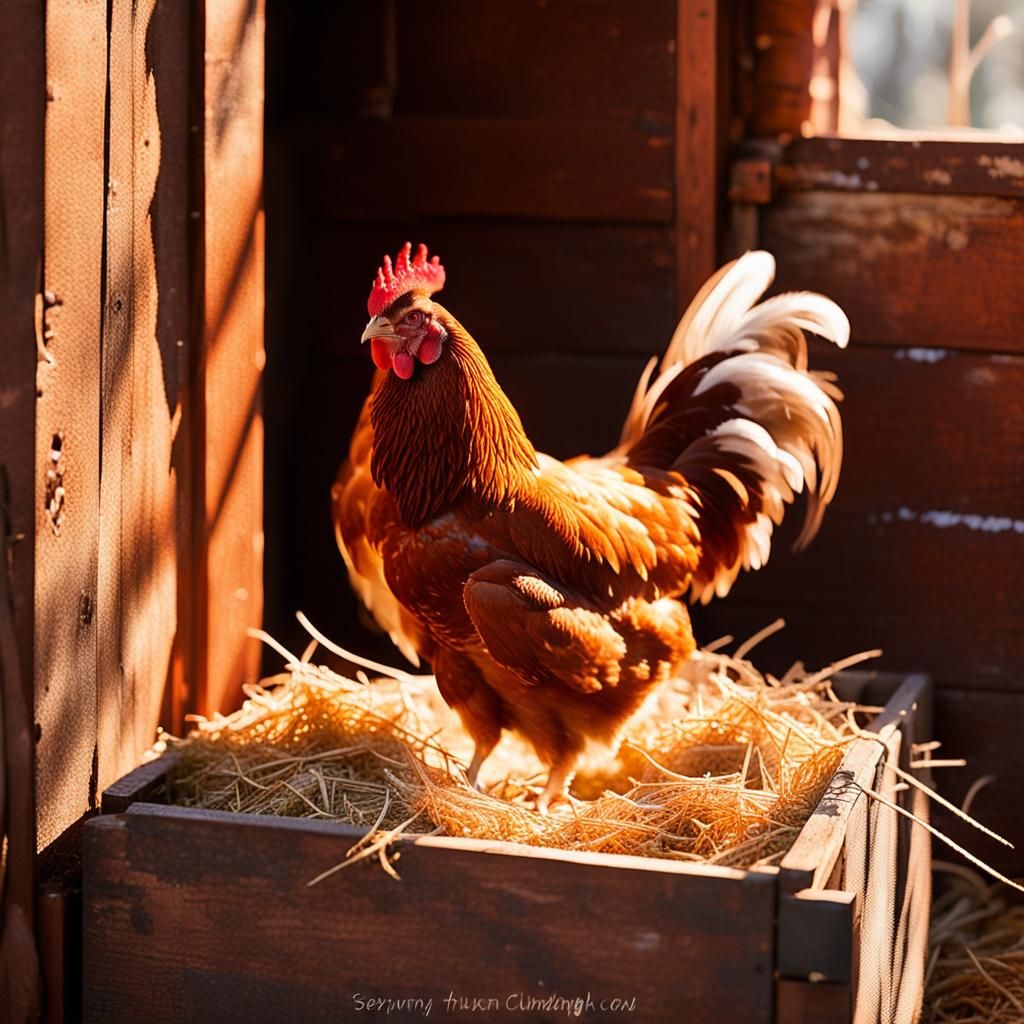 Red Chicken Sleeping Peacefully in Golden Sunlight