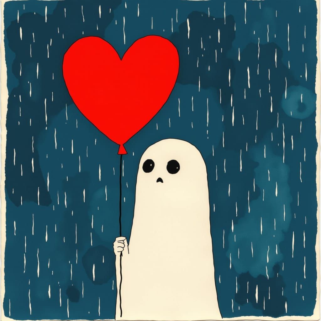 Melancholy Ghost With Heart Balloon in Rain