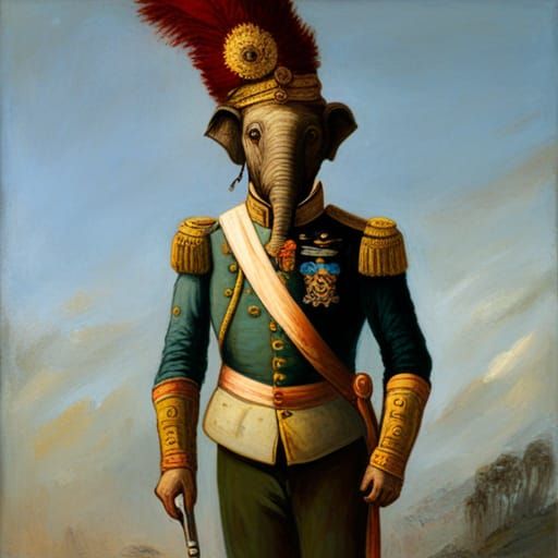 Anthropomorphic Elephant in 18th Century Military Outfit