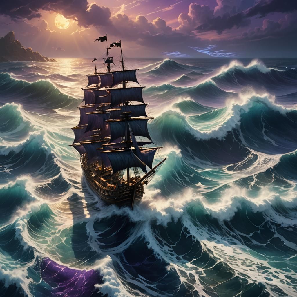 Pirate Ship on Stormy Seas: Romantic Era Painting