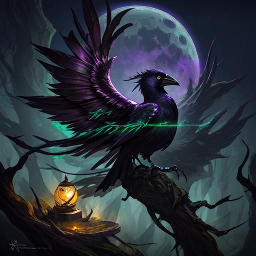 Fantasy Crow with Glowing Eyes in Dark Art Style