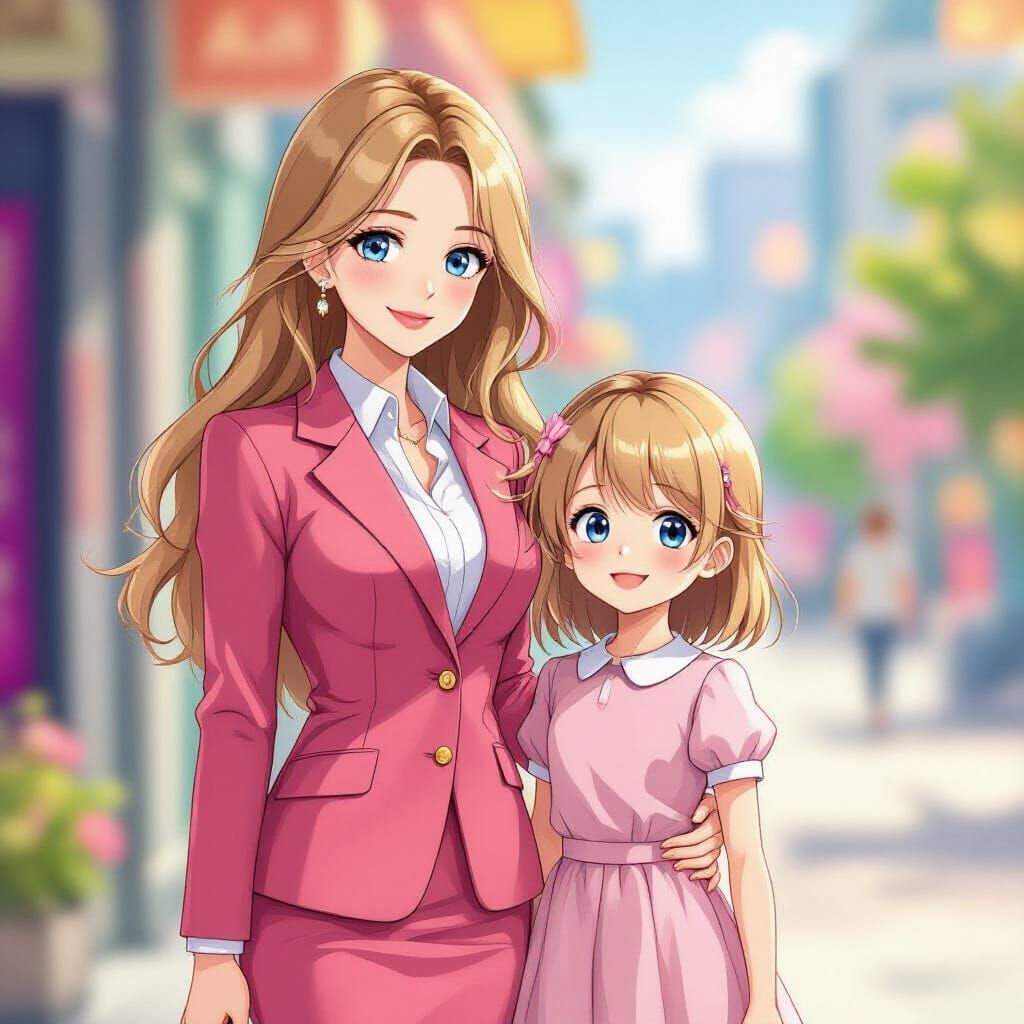 Anime Mother and Daughter in Pink Business Attire