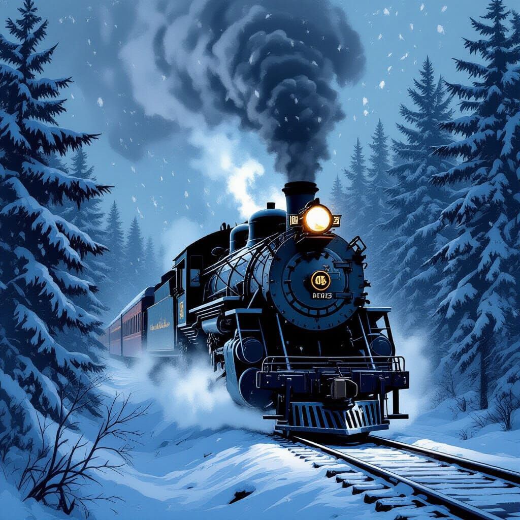 Frosty Train Emerges From Snowy Forest