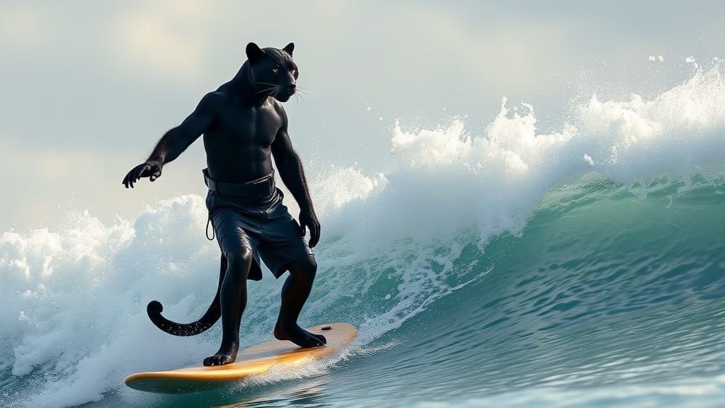 Surfing Panther in Tropical Sunset