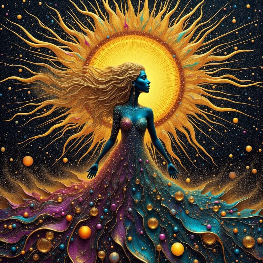 Sun Goddess Dissolving into Holograms: Pointillist Art