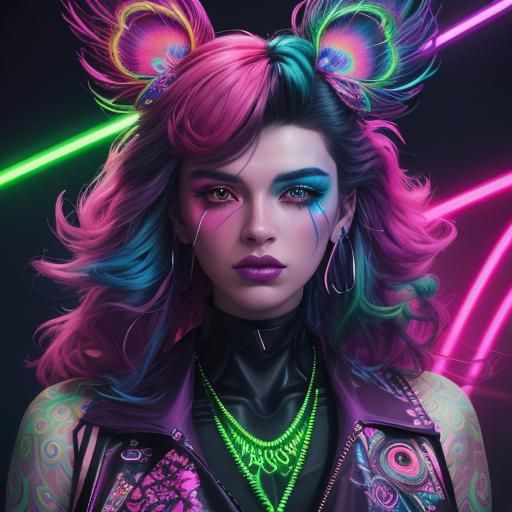 Synthwave Man with Rainbow Leopard Print and Peacock Feather...