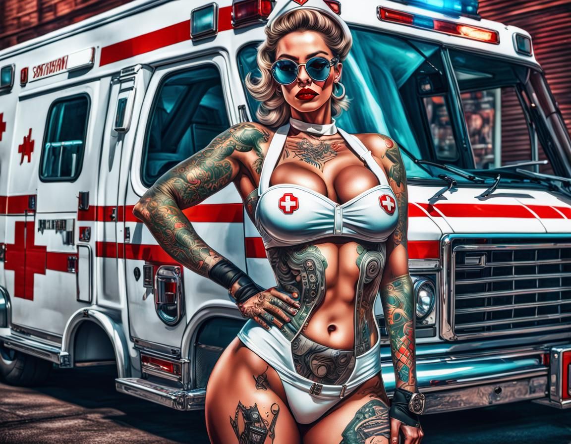 Retro-Futuristic Nurse Pin-Up Poster in Graphic Novel Style